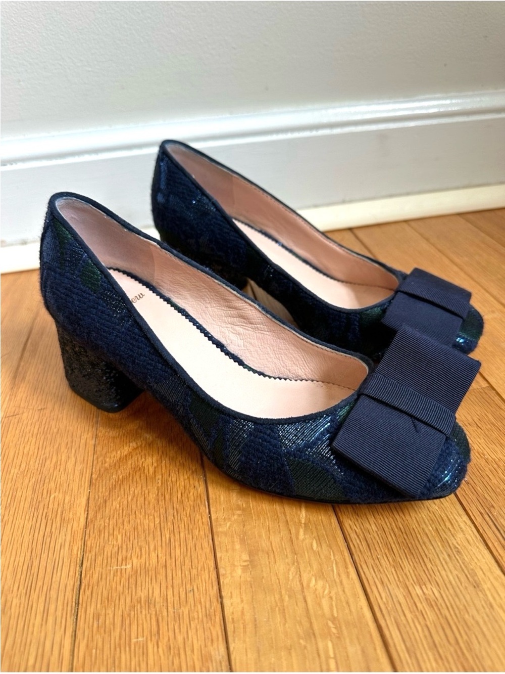 J. Crew Navy Green Printed Bow Detail Embellished Block Heel Womens 7